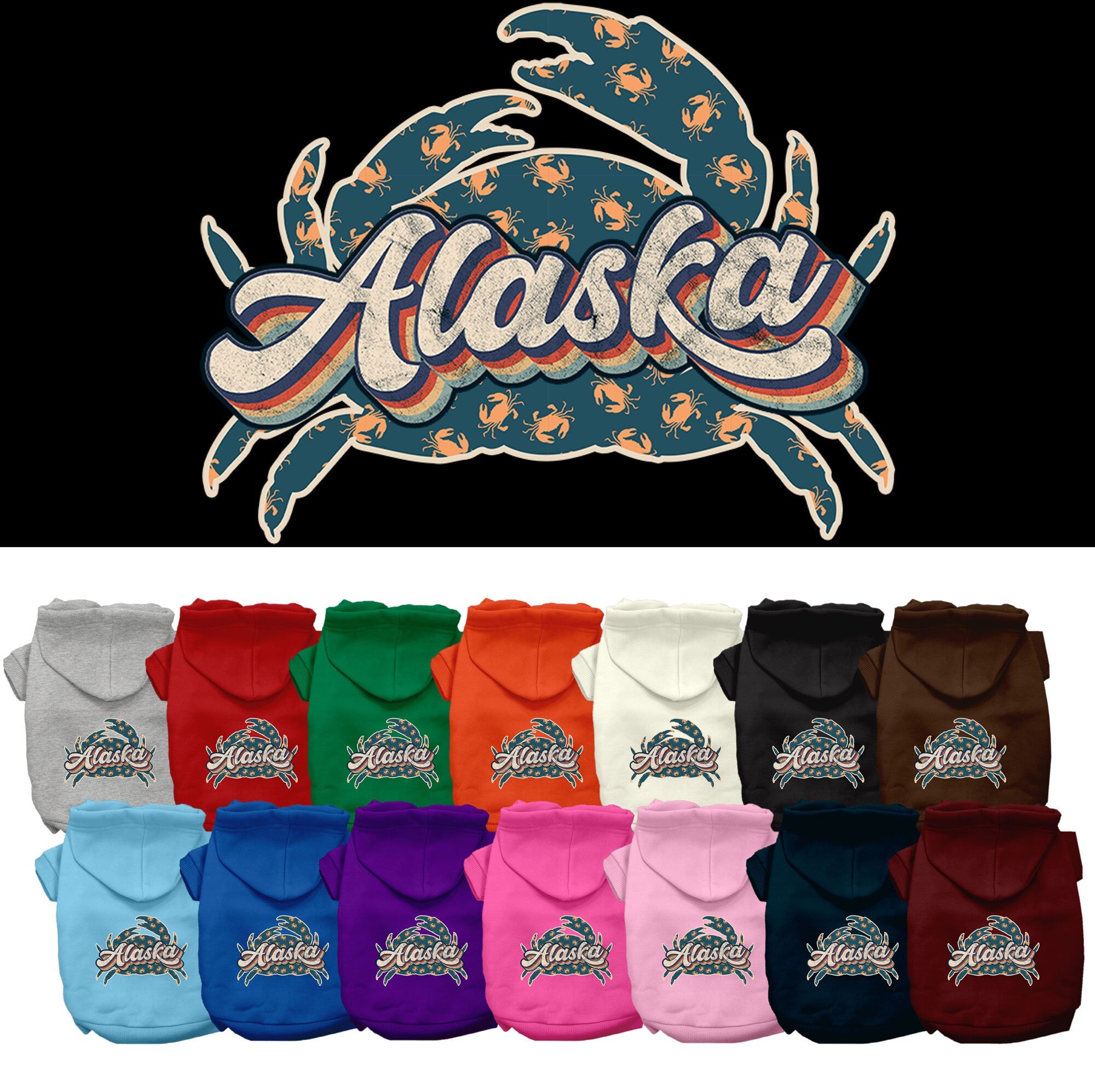 A cozy screen printed hoodie for small to medium pets featuring a colorful Alaska Retro Crabs design, perfect for dogs and cats.