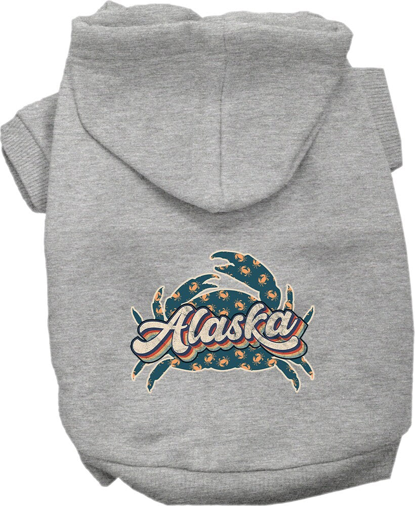 A cozy screen printed hoodie for small to medium pets featuring a colorful Alaska Retro Crabs design, perfect for dogs and cats.