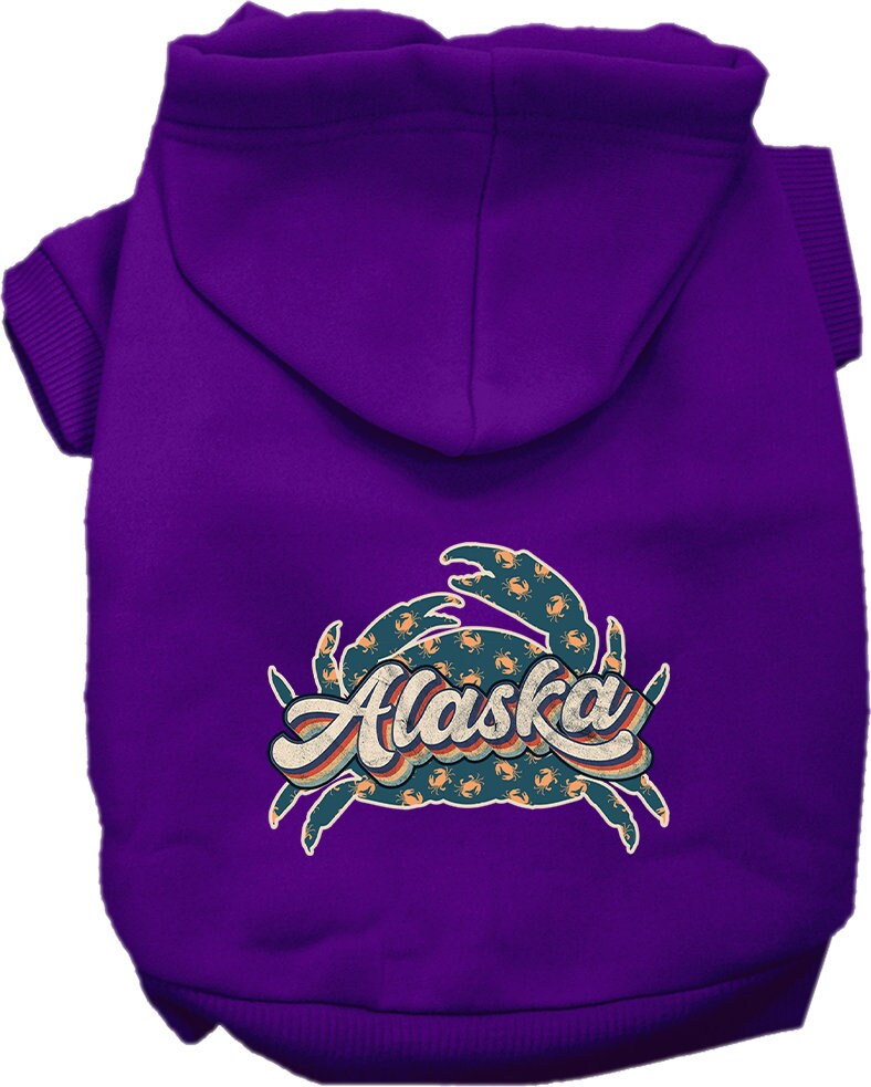 A cozy screen printed hoodie for small to medium pets featuring a colorful Alaska Retro Crabs design, perfect for dogs and cats.