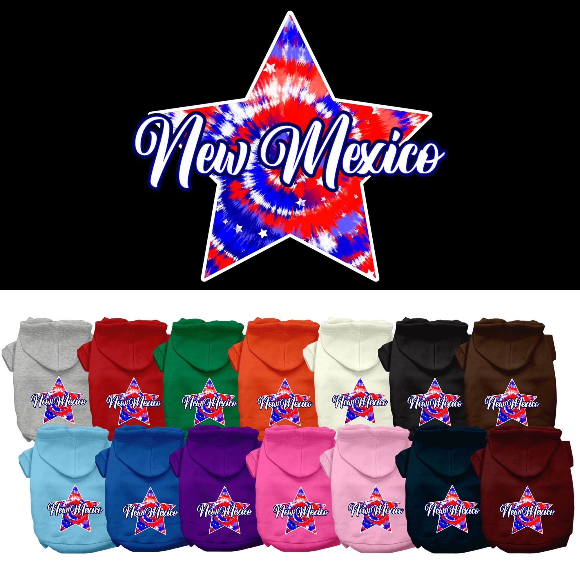 A small to medium pet wearing a New Mexico Patriotic Tie Dye hoodie, showcasing its vibrant colors and comfortable fit.