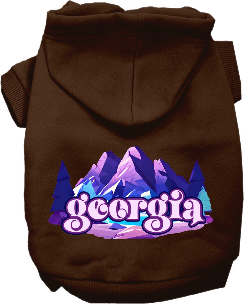 A cozy screen printed hoodie for small to medium pets, featuring a unique 'Georgia Alpine Pawscape' design, perfect for walks and outdoor activities.