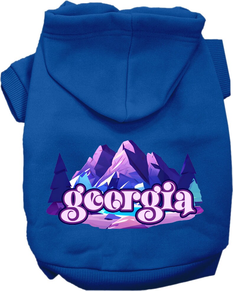 A cozy screen printed hoodie for small to medium pets, featuring a unique 'Georgia Alpine Pawscape' design, perfect for walks and outdoor activities.