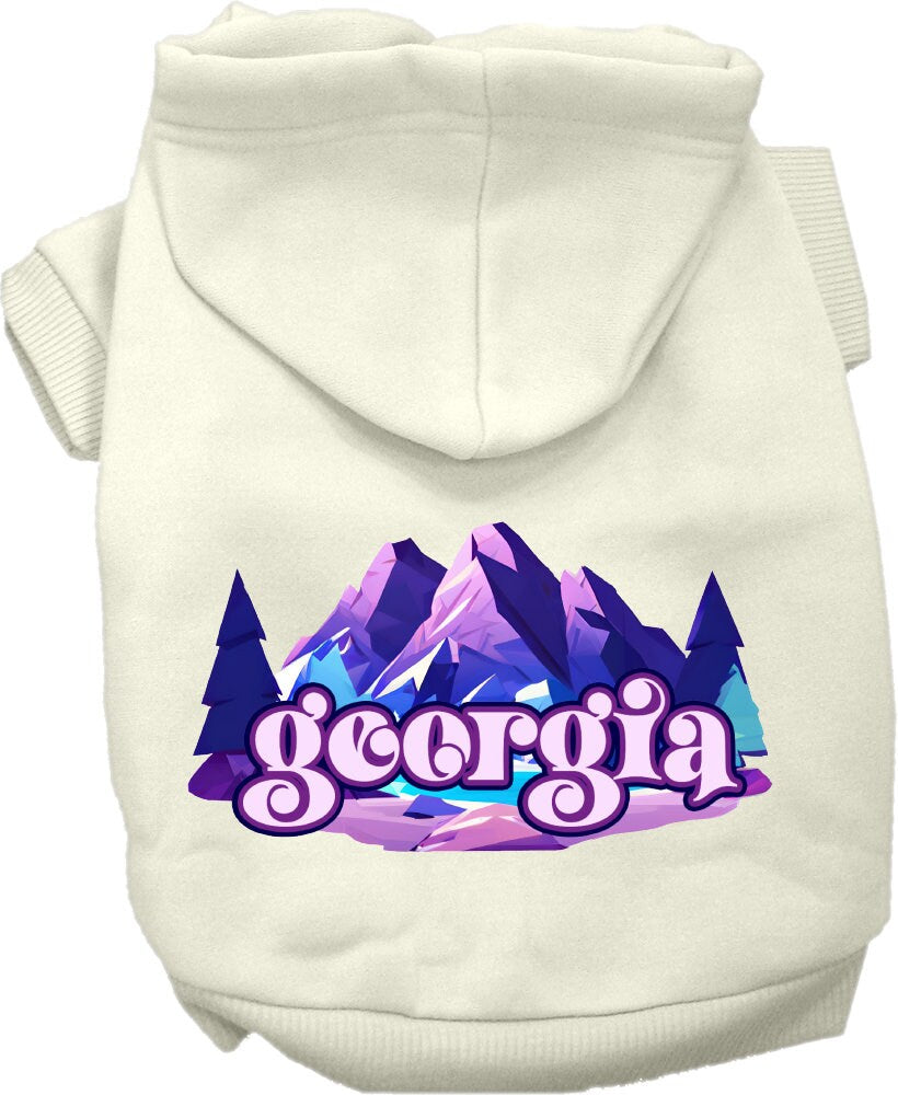A cozy screen printed hoodie for small to medium pets, featuring a unique 'Georgia Alpine Pawscape' design, perfect for walks and outdoor activities.