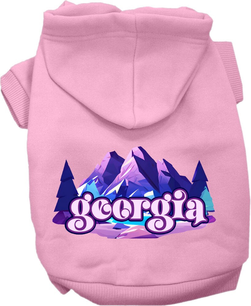 A cozy screen printed hoodie for small to medium pets, featuring a unique 'Georgia Alpine Pawscape' design, perfect for walks and outdoor activities.