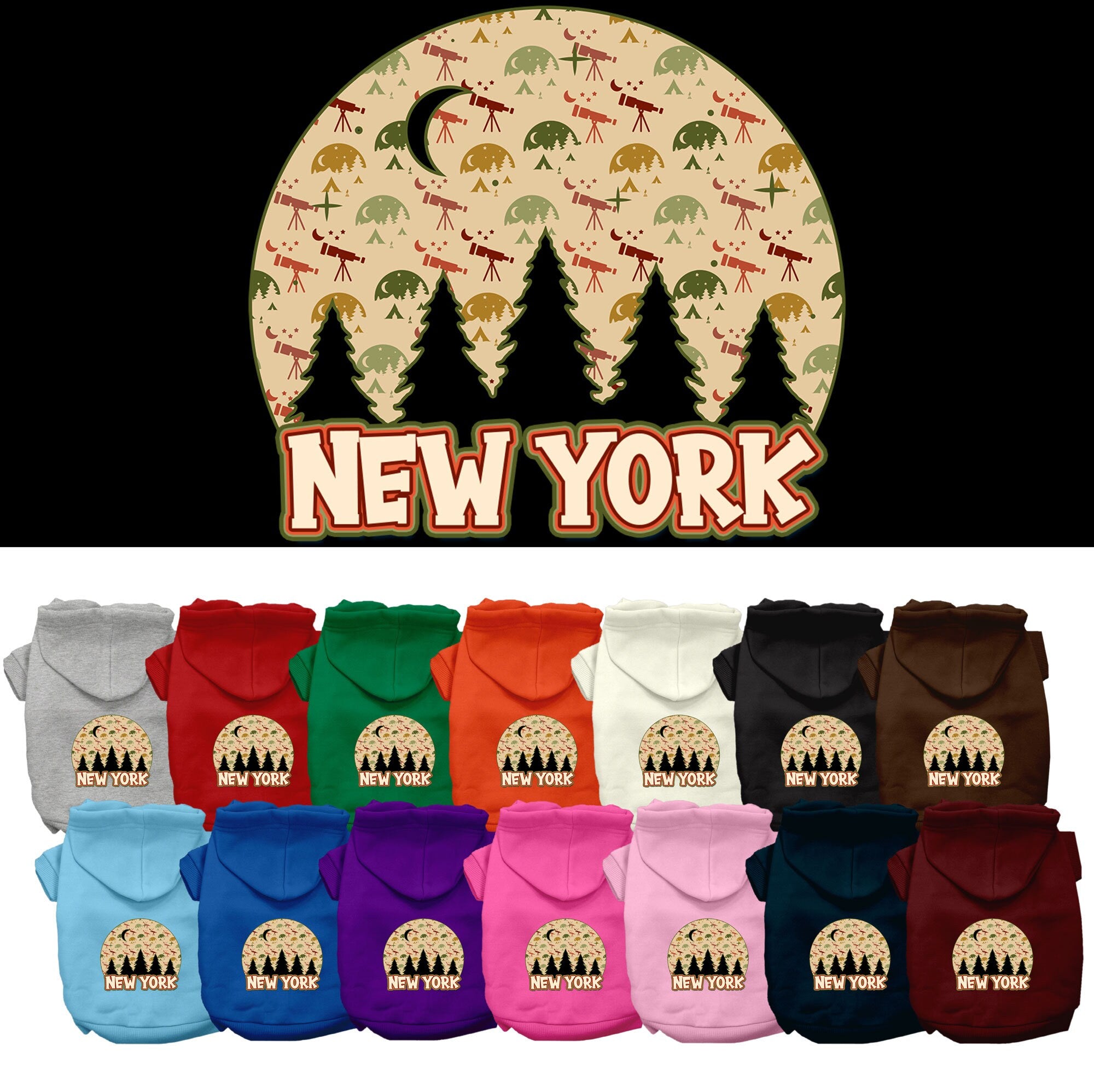 A small to medium pet wearing a stylish screen printed hoodie with a 'New York Under The Stars' design, showcasing its soft fabric and convenient leash access hole.