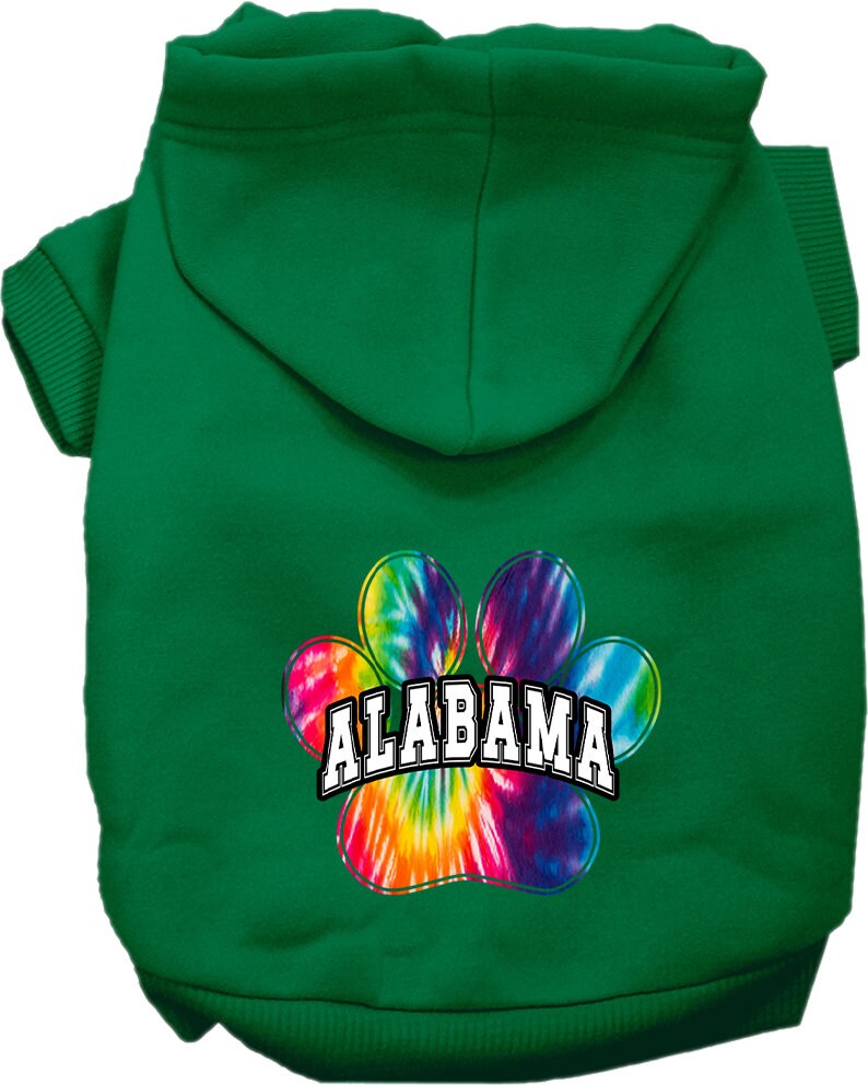 A vibrant Alabama Bright Tie Dye hoodie designed for small to medium dogs and cats, showcasing its soft fabric and convenient leash access hole.