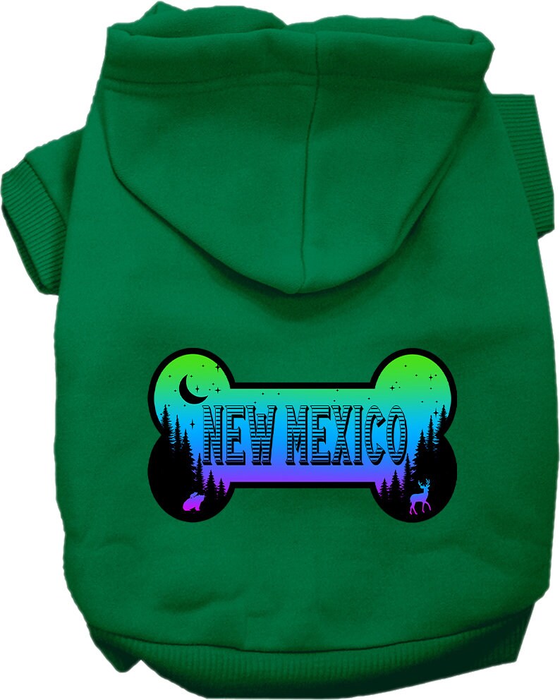 A cozy screen printed hoodie for small to medium pets, featuring a unique 'New Mexico Mountain Shades' design, perfect for dogs and cats.