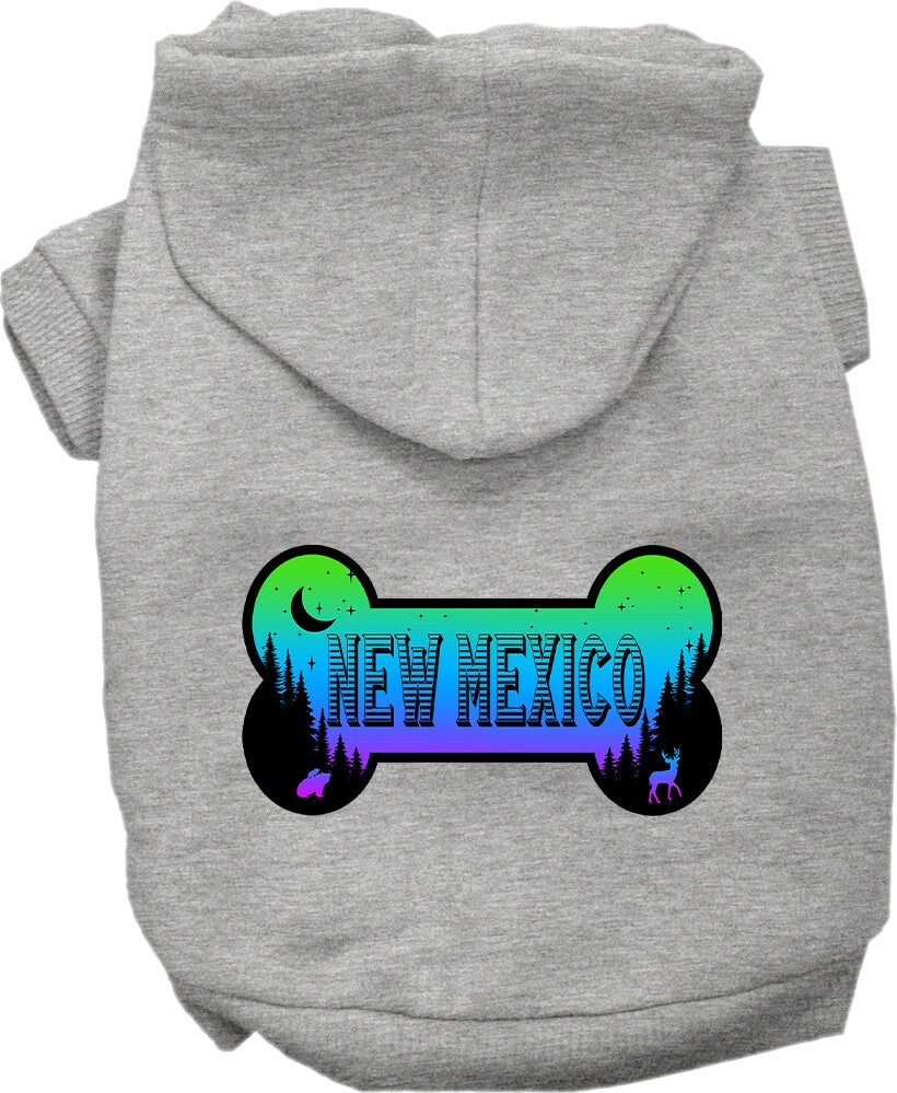 A cozy screen printed hoodie for small to medium pets, featuring a unique 'New Mexico Mountain Shades' design, perfect for dogs and cats.