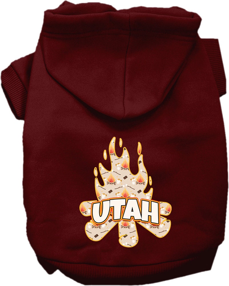 A cozy screen printed hoodie for small to medium pets featuring a 'Utah Around The Campfire' design, perfect for chilly weather.