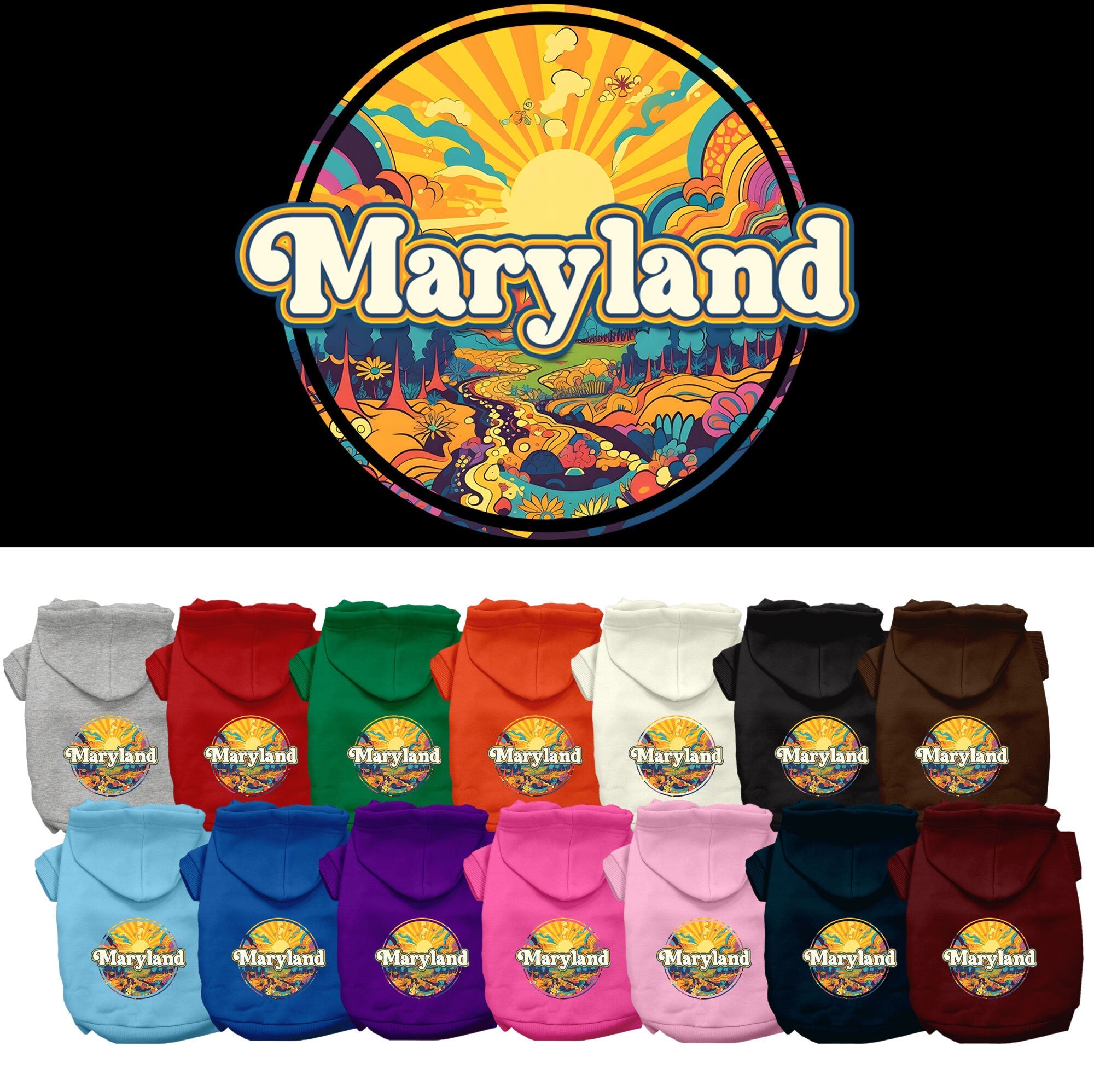 A small to medium pet wearing a Maryland Groovy Summit screen printed hoodie, showcasing its soft fabric and stylish design.