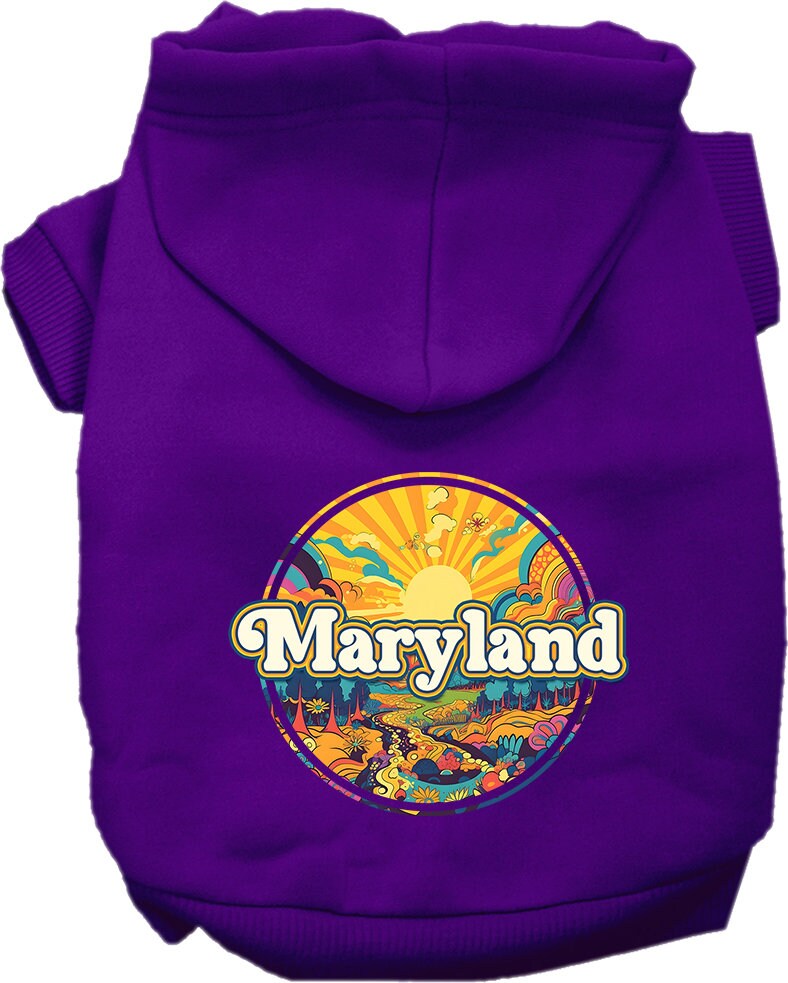 A small to medium pet wearing a Maryland Groovy Summit screen printed hoodie, showcasing its soft fabric and stylish design.