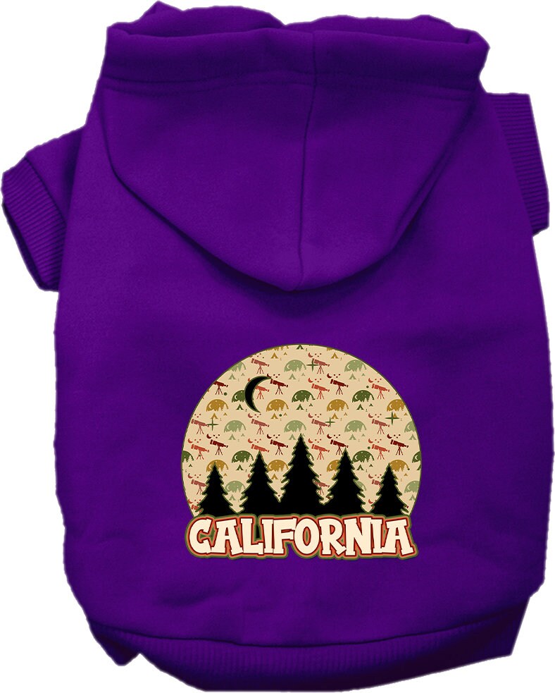 A cozy pet hoodie for small to medium dogs and cats, featuring a screen printed design 'California Under The Stars' in soft fabric.