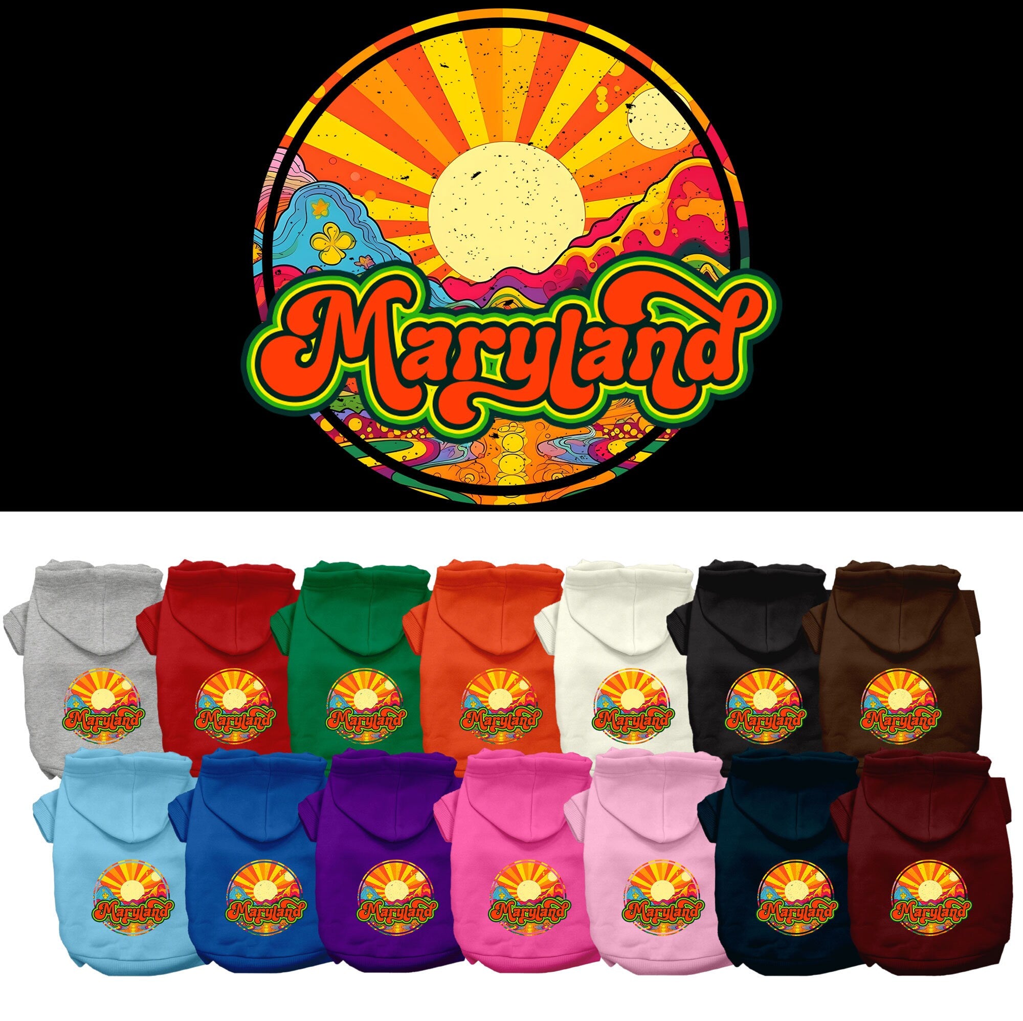 A cozy screen printed hoodie for small to medium pets, featuring the Maryland Mellow Mountain design, perfect for dogs and cats.