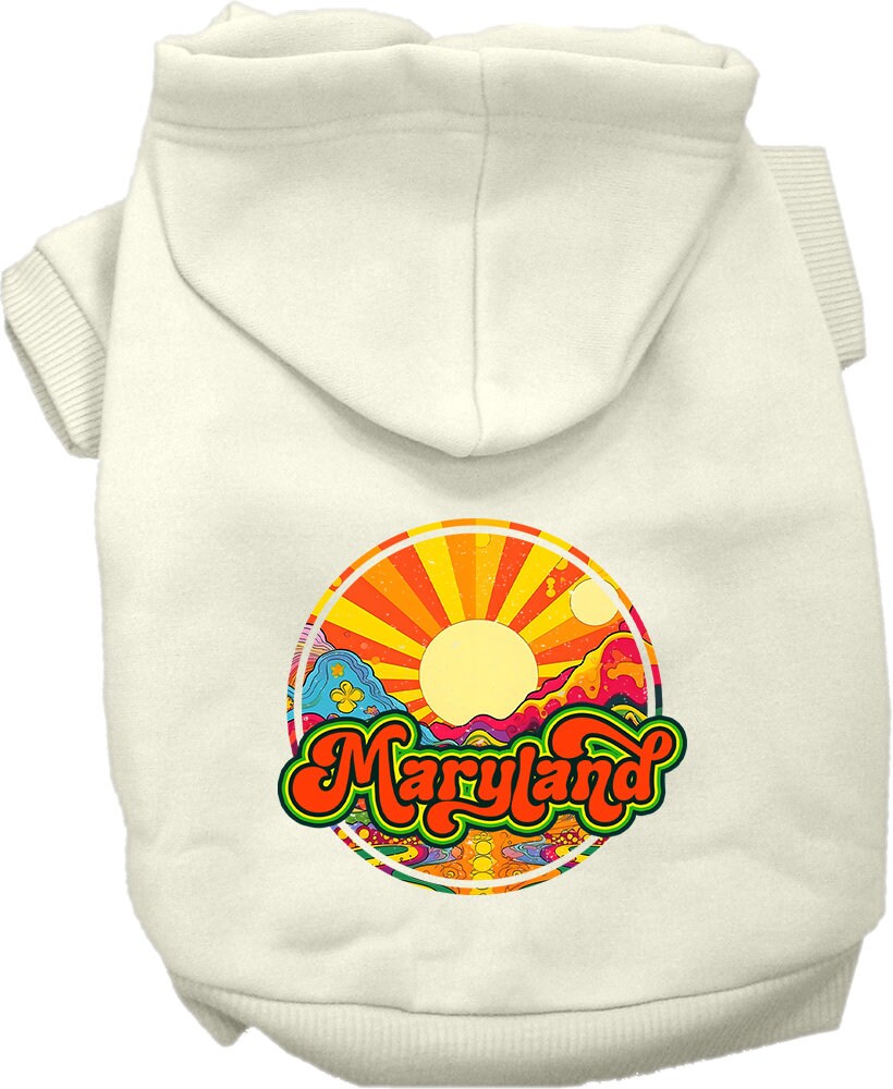 A cozy screen printed hoodie for small to medium pets, featuring the Maryland Mellow Mountain design, perfect for dogs and cats.