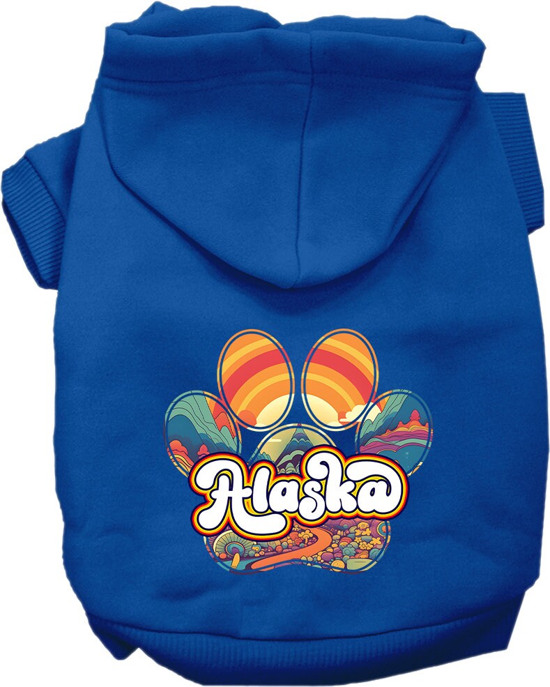 A cozy screen printed hoodie for small to medium pets, featuring the 'Alaska Groovy Summit' design, perfect for dogs and cats.