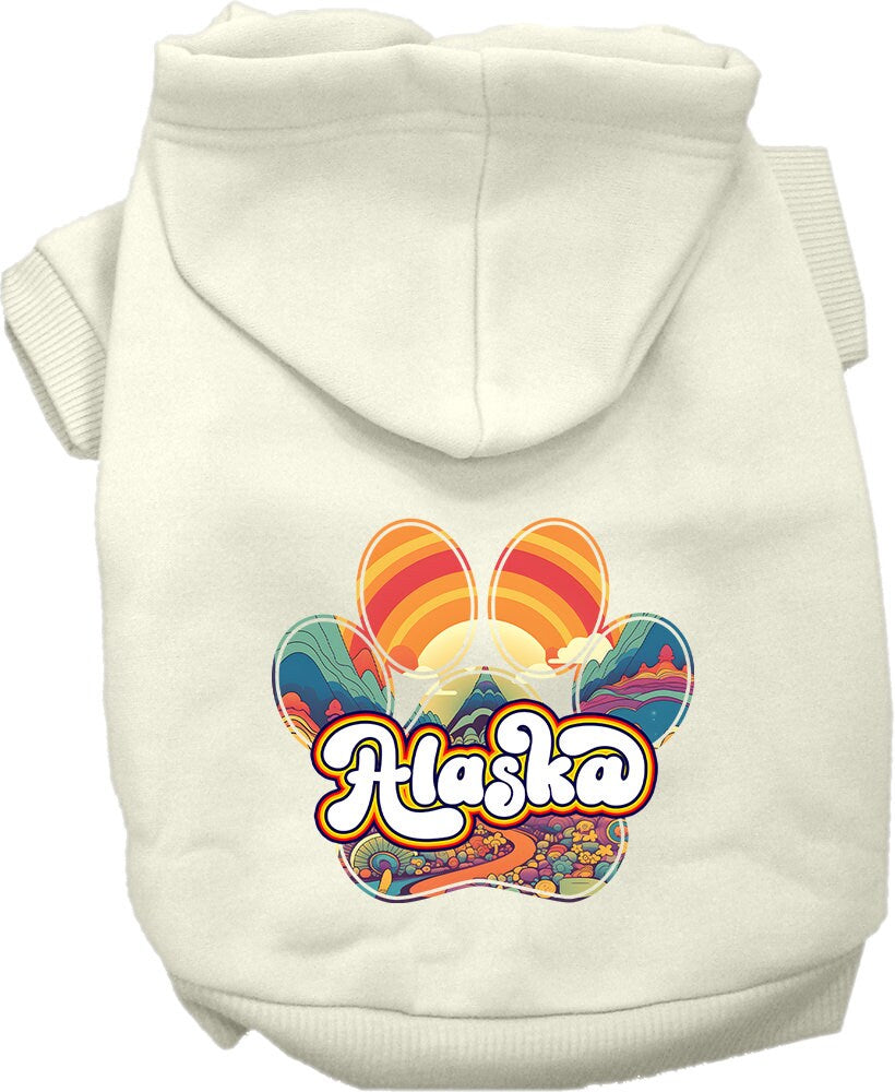 A cozy screen printed hoodie for small to medium pets, featuring the 'Alaska Groovy Summit' design, perfect for dogs and cats.