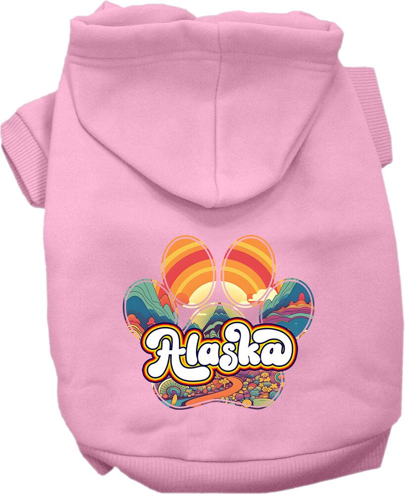 A cozy screen printed hoodie for small to medium pets, featuring the 'Alaska Groovy Summit' design, perfect for dogs and cats.