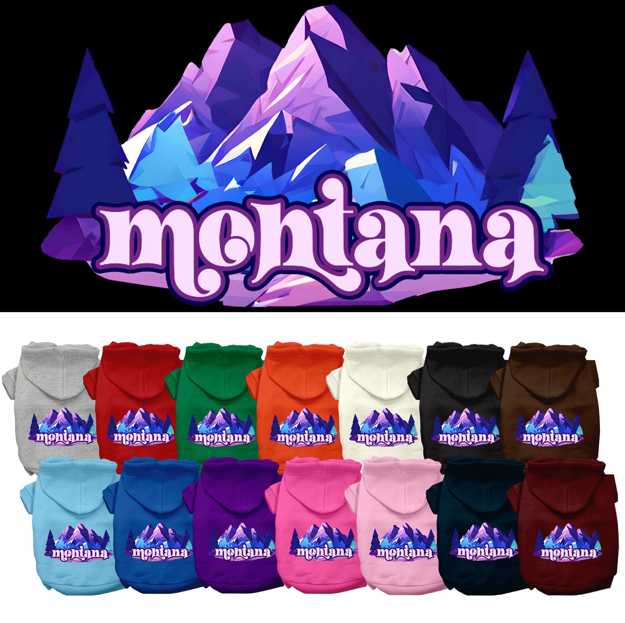A cozy screen printed hoodie for small to medium pets featuring the 'Montana Alpine Pawscape' design, perfect for chilly weather.