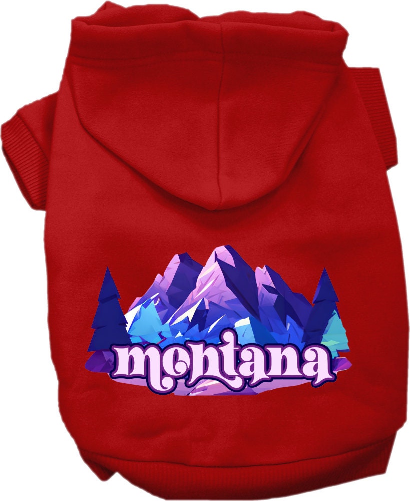 A cozy screen printed hoodie for small to medium pets featuring the 'Montana Alpine Pawscape' design, perfect for chilly weather.