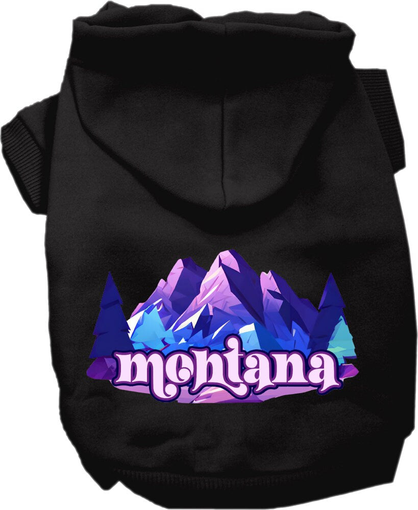 A cozy screen printed hoodie for small to medium pets featuring the 'Montana Alpine Pawscape' design, perfect for chilly weather.