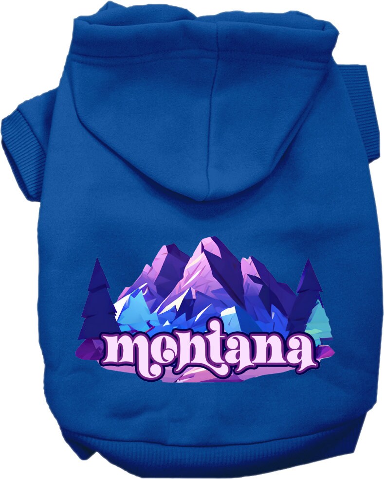 A cozy screen printed hoodie for small to medium pets featuring the 'Montana Alpine Pawscape' design, perfect for chilly weather.