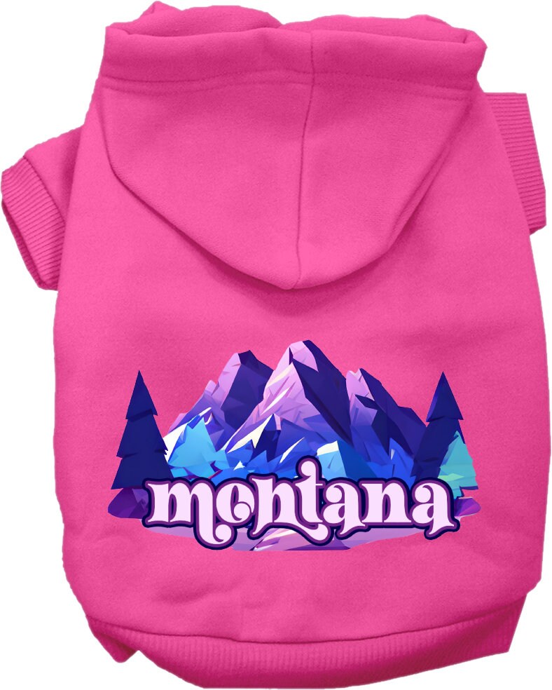 A cozy screen printed hoodie for small to medium pets featuring the 'Montana Alpine Pawscape' design, perfect for chilly weather.