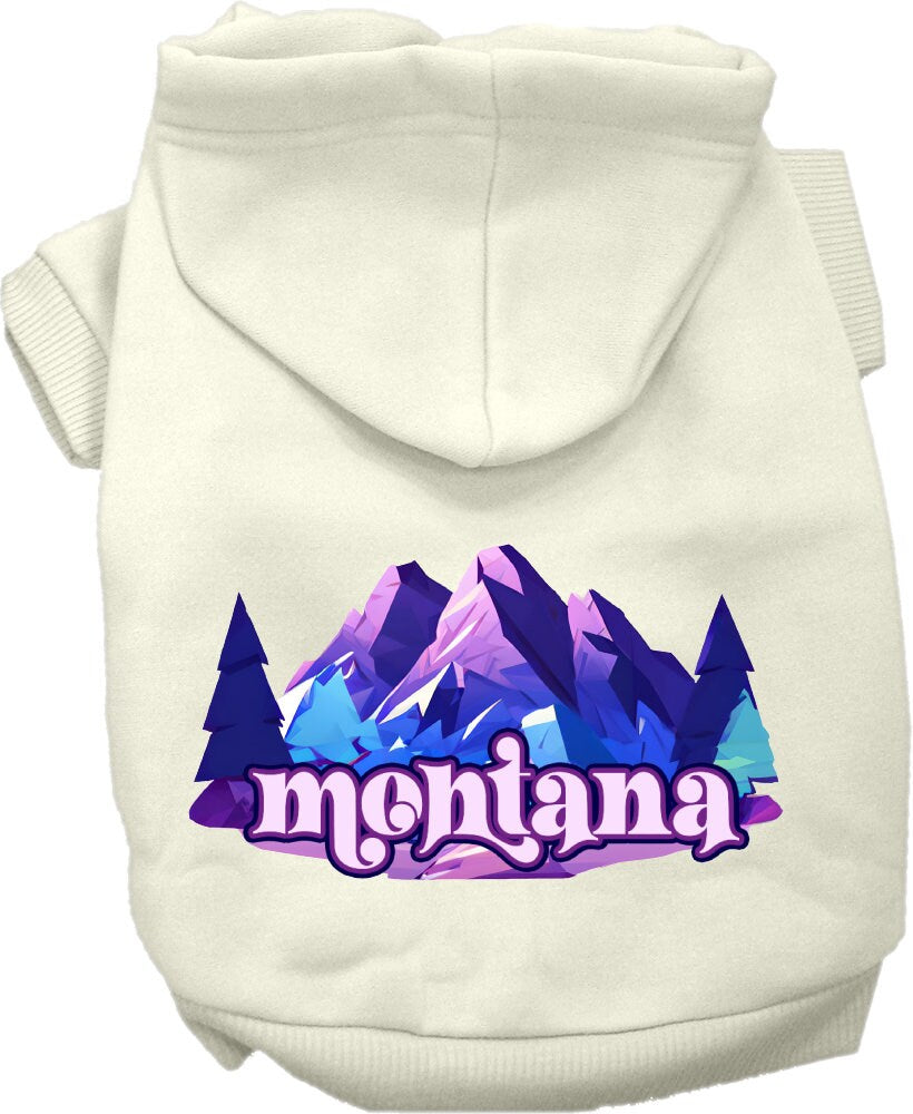 A cozy screen printed hoodie for small to medium pets featuring the 'Montana Alpine Pawscape' design, perfect for chilly weather.