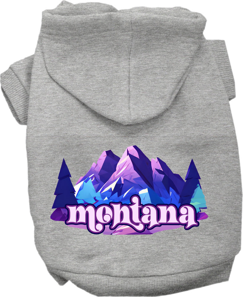 A cozy screen printed hoodie for small to medium pets featuring the 'Montana Alpine Pawscape' design, perfect for chilly weather.