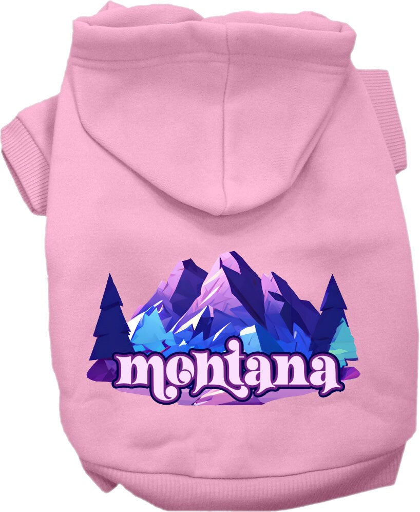 A cozy screen printed hoodie for small to medium pets featuring the 'Montana Alpine Pawscape' design, perfect for chilly weather.