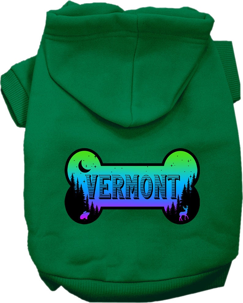 A cozy screen printed hoodie for small to medium pets, featuring a Vermont Mountain Shades design, perfect for dogs and cats.