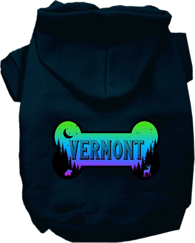 A cozy screen printed hoodie for small to medium pets, featuring a Vermont Mountain Shades design, perfect for dogs and cats.