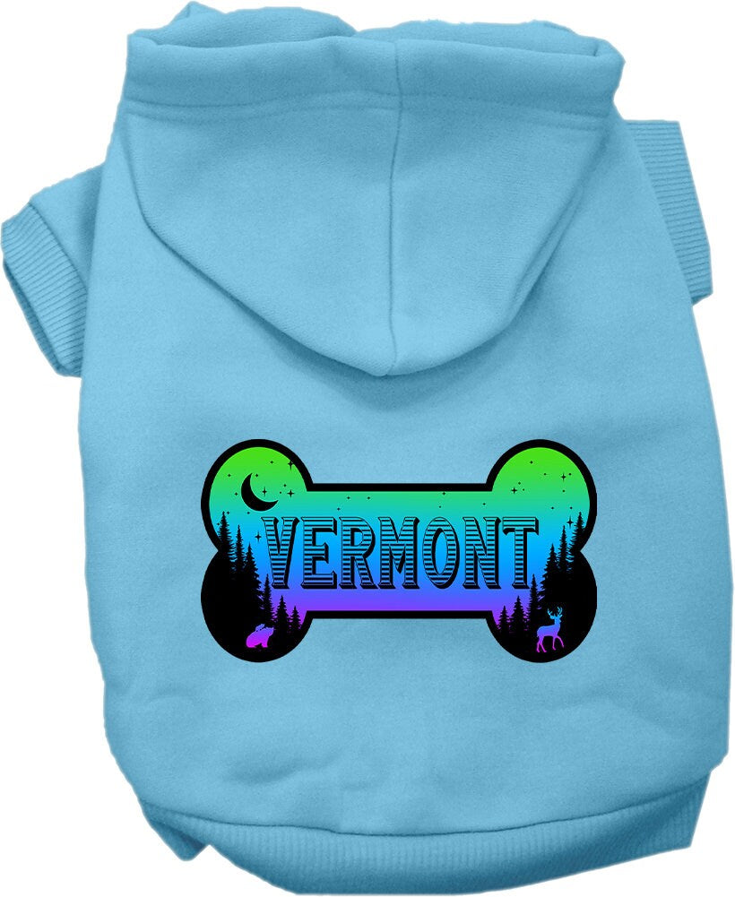 A cozy screen printed hoodie for small to medium pets, featuring a Vermont Mountain Shades design, perfect for dogs and cats.