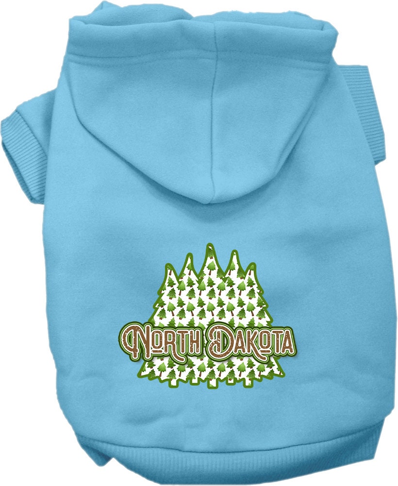 A cozy screen printed hoodie for small to medium pets featuring a North Dakota woodland trees design, perfect for dogs and cats.