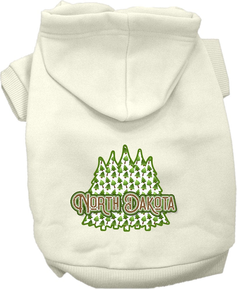 A cozy screen printed hoodie for small to medium pets featuring a North Dakota woodland trees design, perfect for dogs and cats.