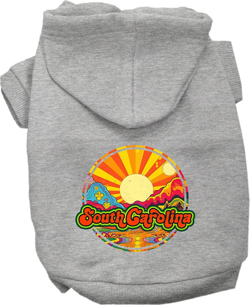 A cozy screen printed hoodie for small to medium pets, featuring a South Carolina Mellow Mountain design, perfect for dogs and cats.