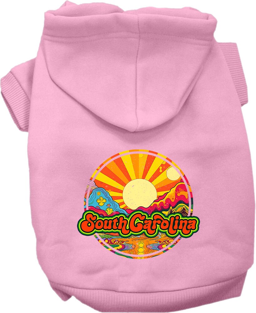 A cozy screen printed hoodie for small to medium pets, featuring a South Carolina Mellow Mountain design, perfect for dogs and cats.