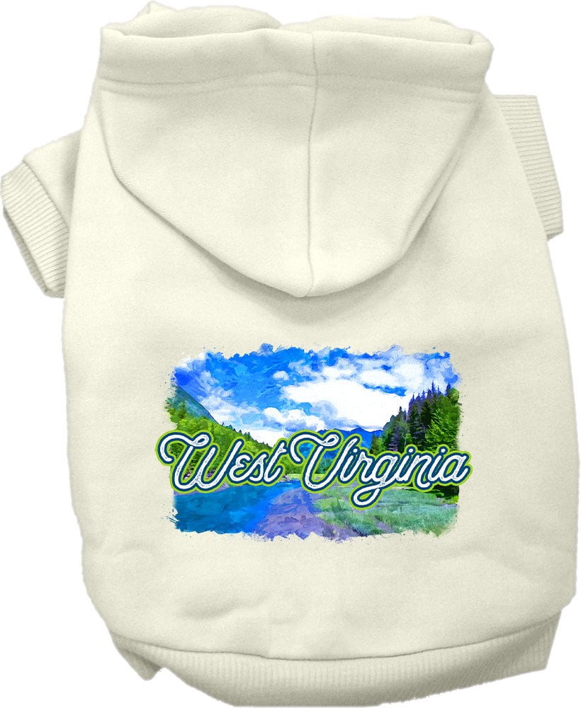 A cozy screen printed hoodie for small to medium pets, featuring a vibrant West Virginia Summer design, perfect for dogs and cats.