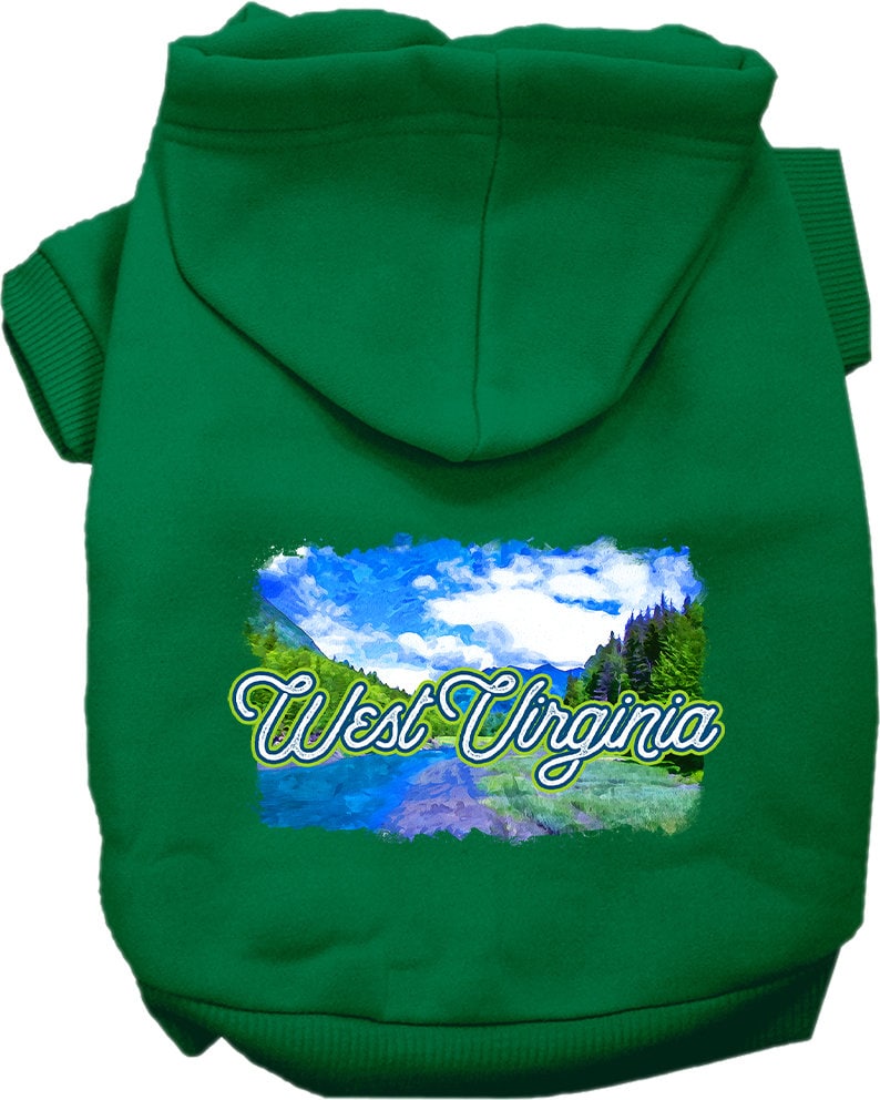 A cozy screen printed hoodie for small to medium pets, featuring a vibrant West Virginia Summer design, perfect for dogs and cats.