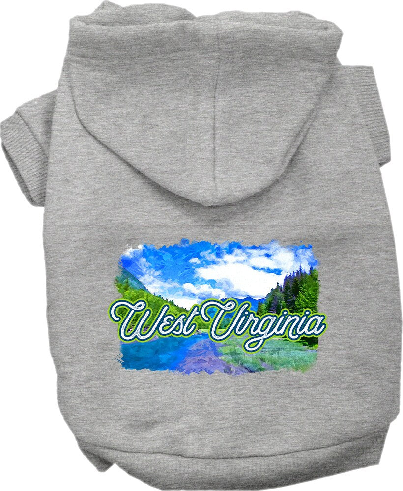 A cozy screen printed hoodie for small to medium pets, featuring a vibrant West Virginia Summer design, perfect for dogs and cats.
