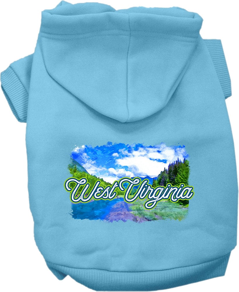 A cozy screen printed hoodie for small to medium pets, featuring a vibrant West Virginia Summer design, perfect for dogs and cats.