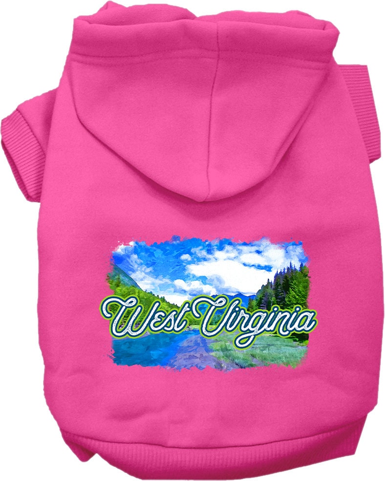 A cozy screen printed hoodie for small to medium pets, featuring a vibrant West Virginia Summer design, perfect for dogs and cats.
