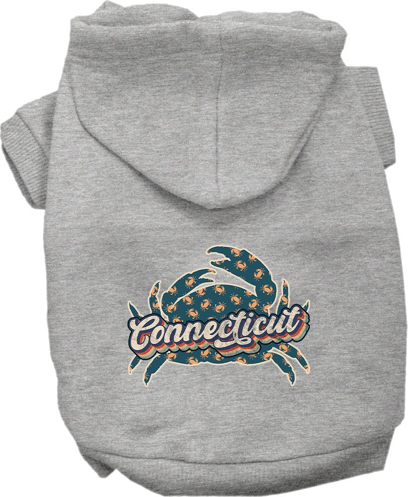 A cozy screen printed hoodie for small to medium pets featuring a Connecticut Retro Crabs design, perfect for dogs and cats.