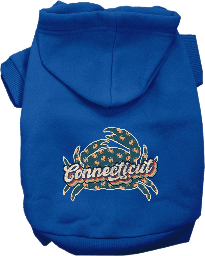 A cozy screen printed hoodie for small to medium pets featuring a Connecticut Retro Crabs design, perfect for dogs and cats.