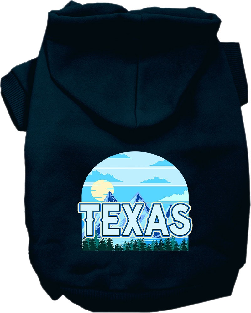 A cozy screen printed hoodie for small to medium pets, featuring the Texas Trailblazer design, showcasing its soft fabric and convenient leash access hole.