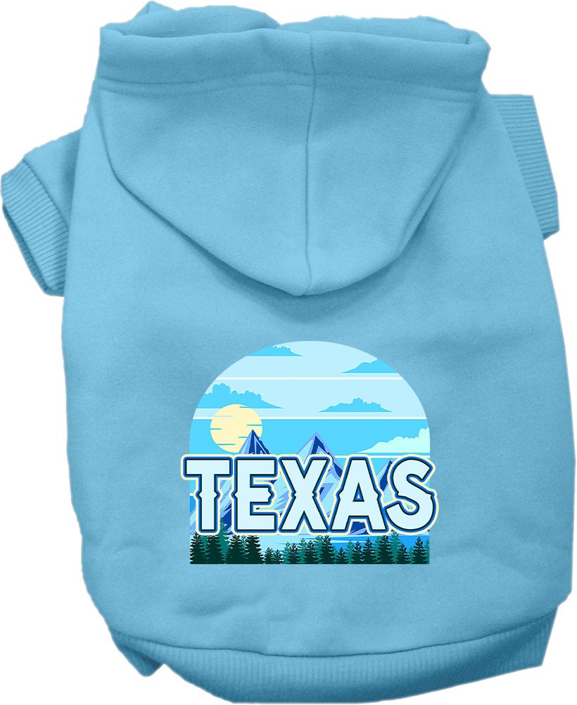 A cozy screen printed hoodie for small to medium pets, featuring the Texas Trailblazer design, showcasing its soft fabric and convenient leash access hole.
