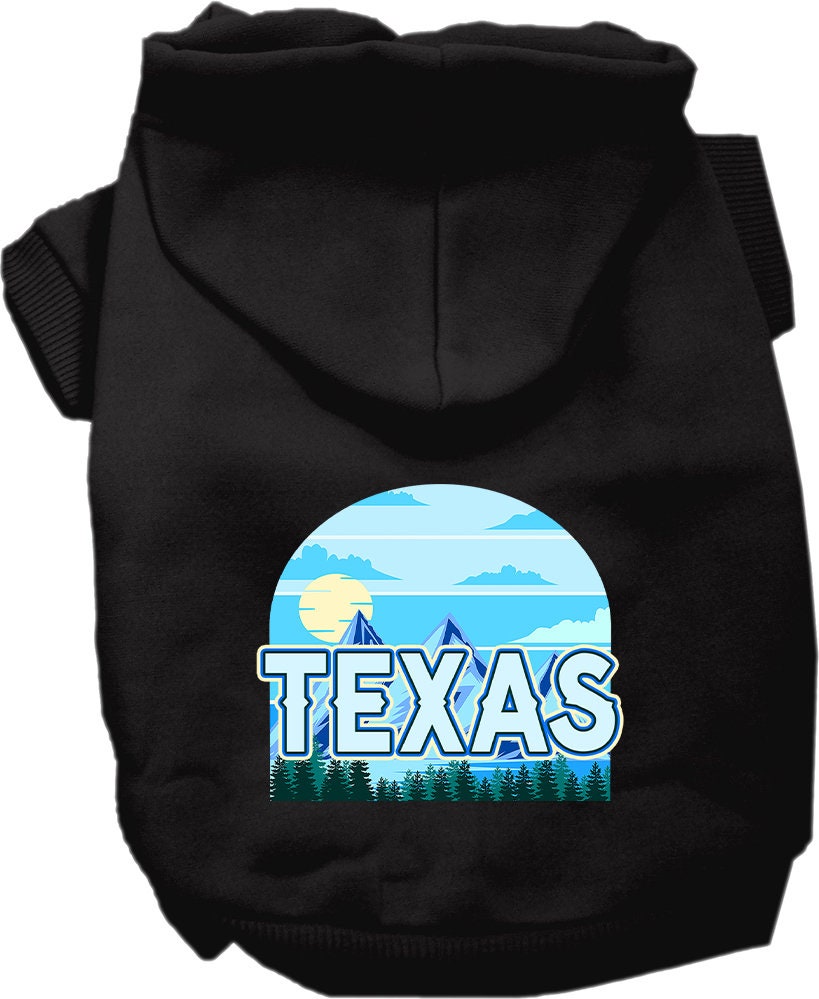 A cozy screen printed hoodie for small to medium pets, featuring the Texas Trailblazer design, showcasing its soft fabric and convenient leash access hole.