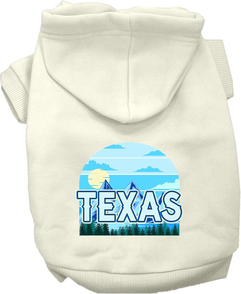 A cozy screen printed hoodie for small to medium pets, featuring the Texas Trailblazer design, showcasing its soft fabric and convenient leash access hole.