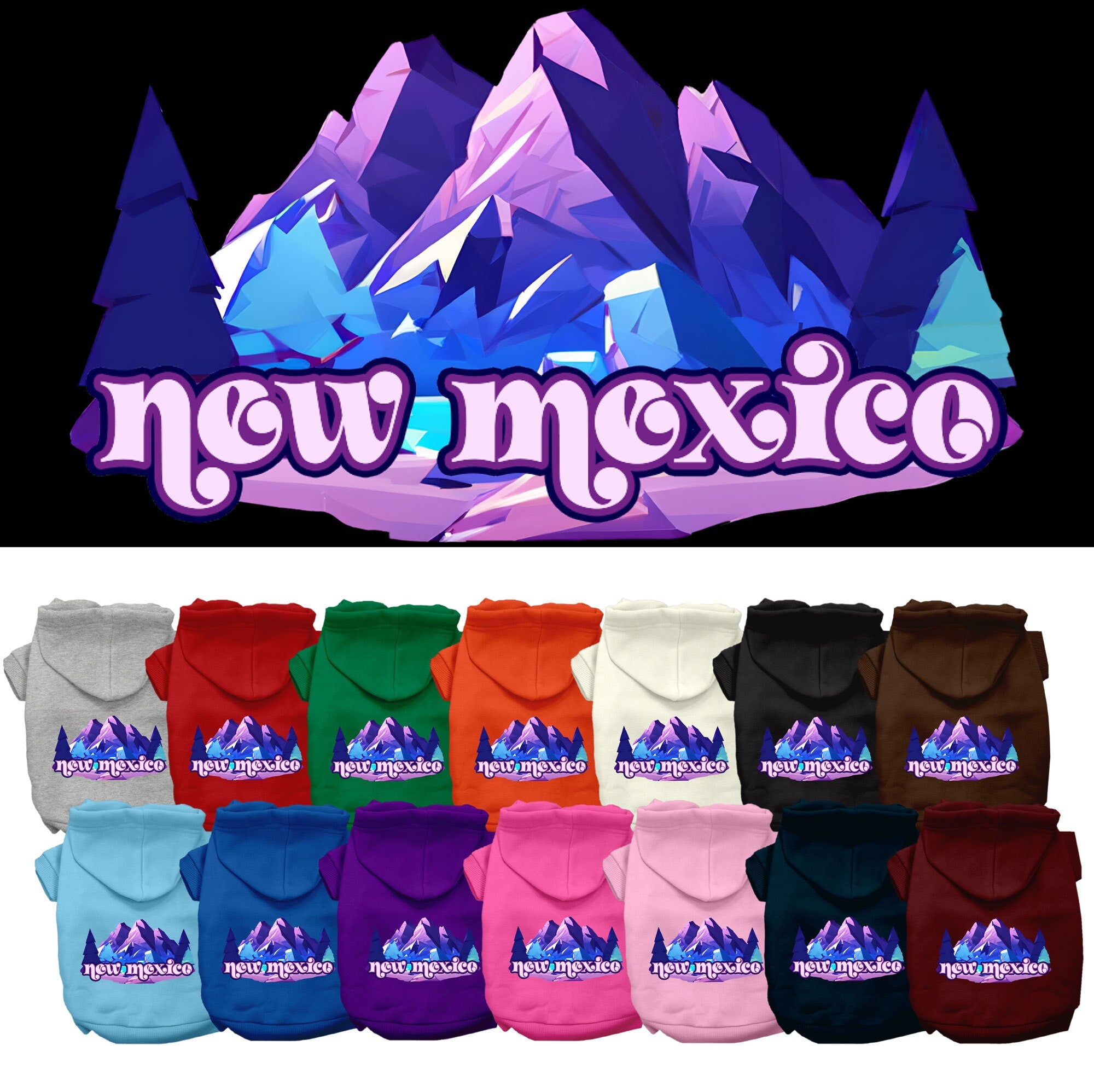 A cozy screen printed hoodie for small to medium pets featuring a New Mexico Alpine Pawscape design, perfect for chilly weather.