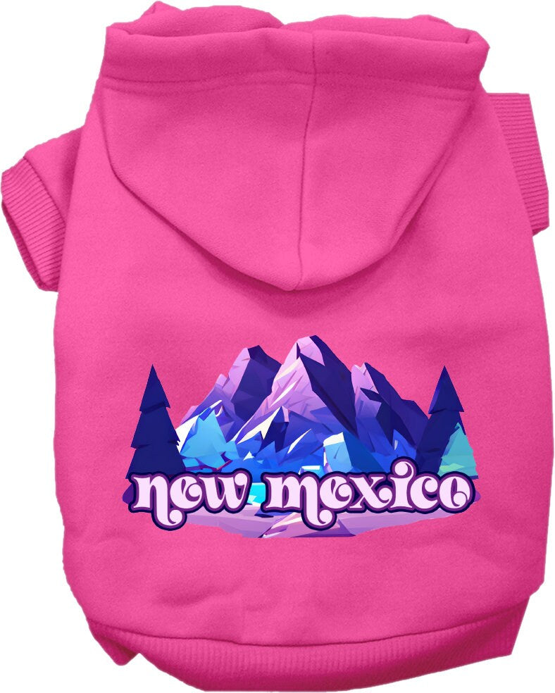 A cozy screen printed hoodie for small to medium pets featuring a New Mexico Alpine Pawscape design, perfect for chilly weather.