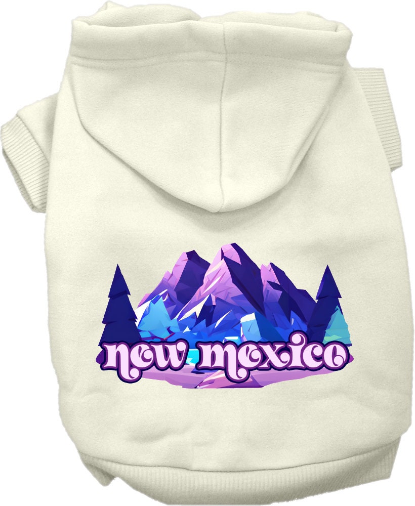 A cozy screen printed hoodie for small to medium pets featuring a New Mexico Alpine Pawscape design, perfect for chilly weather.